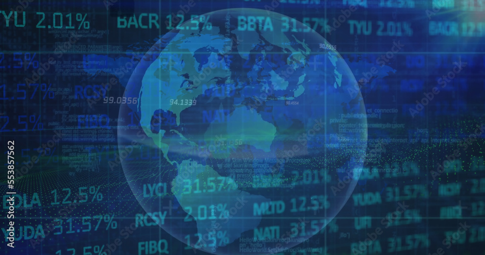 Image of lens flare, trading board, map and rotating globe over abstract background