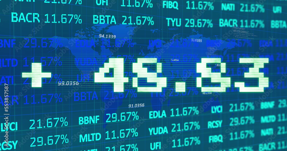 Obraz premium Image of addition symbol with numbers and trading board against map over blue background