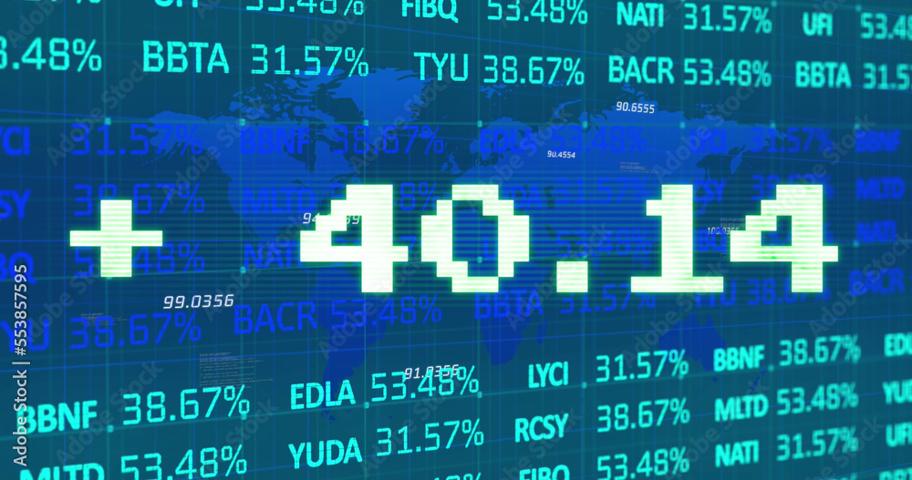 Obraz premium Image of addition symbol with numbers and trading board against map over blue background