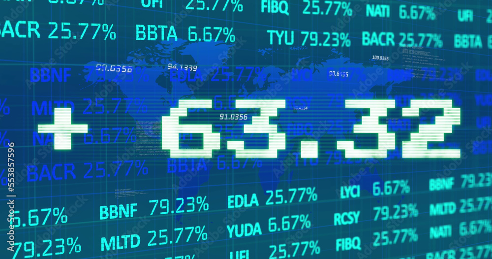 Obraz premium Image of addition symbol with numbers and trading board against map over blue background