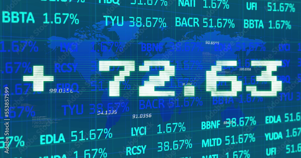 Obraz premium Image of addition symbol with numbers and trading board against map over blue background