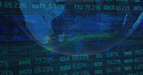 Image of lens flare, trading board, map and rotating globe over abstract background