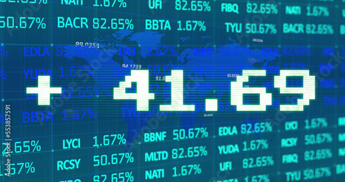 Image of addition symbol with numbers and trading board against map over blue background