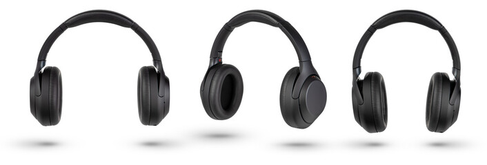 Headphones isolate on white. Wireless headphones in black, high quality, isolated on a white background, for advertising or product catalog. Set of headphones from different angles.