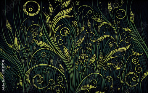 Luxury swirling grass on dark background, beautiful leaves and grasses moving elegantly, illustration, digital © Caphira Lescante