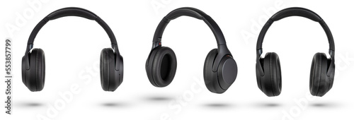 Headphones isolate on white. Wireless headphones in black, high quality, isolated on a white background, for advertising or product catalog. Set of headphones from different angles. photo