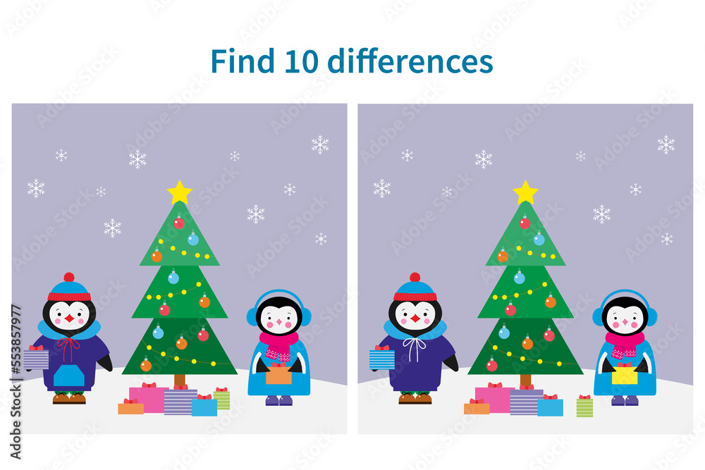 Educational game for kids. Find 10 differences in the pictures. Cute penguins near the Christmas tree. Educational game for kids. Find 10 differences in the pictures. Cute penguins near the Christmas tree.
