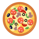 Pizza with salami and tomatoes, mushrooms, olives, basil, white sauce. Vector illustration