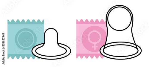 illustration of condoms, female condom, male condom, birth control, contraceptive method, protection, condom icons, vector female condom icon, vector male condom icon