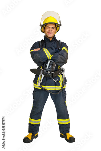 Full body young smiling African American fireman with crossed arms wearing yellow helmet and fireproof uniform, isolated on white background
