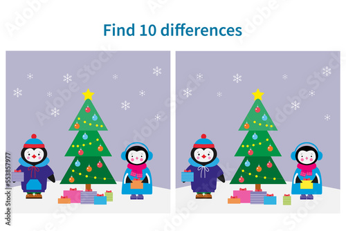 Educational game for kids. Find 10 differences in the pictures. Cute penguins near the Christmas tree.