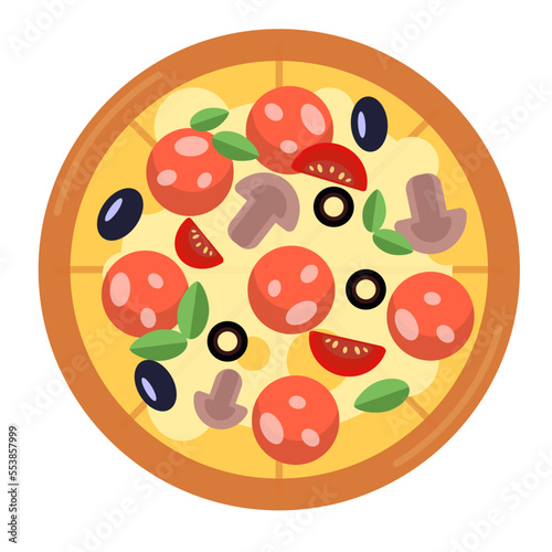 Pizza with salami and tomatoes, mushrooms, olives, basil, white sauce. Vector illustration