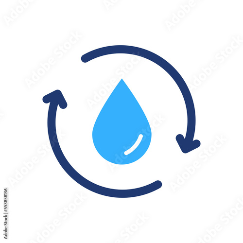 Recycle or Reuse Water Silhouette Icon. Save world. Recycle Color symbol. Water Drop with 2 Sync and Circular Arrows. Renew of Liquid. Vector Isolated Illustration