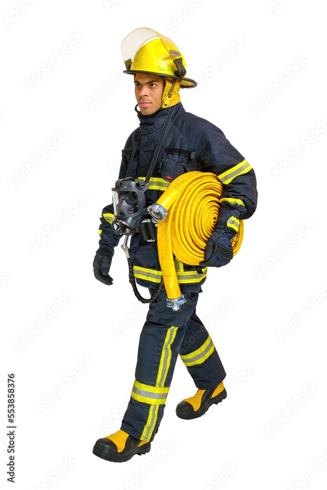 Full body young African American fireman in a fireproof uniform goes away in profile with fire hose in his hand. Isolated on white, vertical orientation Full body young African American fireman in a fireproof uniform goes away in profile with fire hose in his hand. Isolated on white, vertical orientation