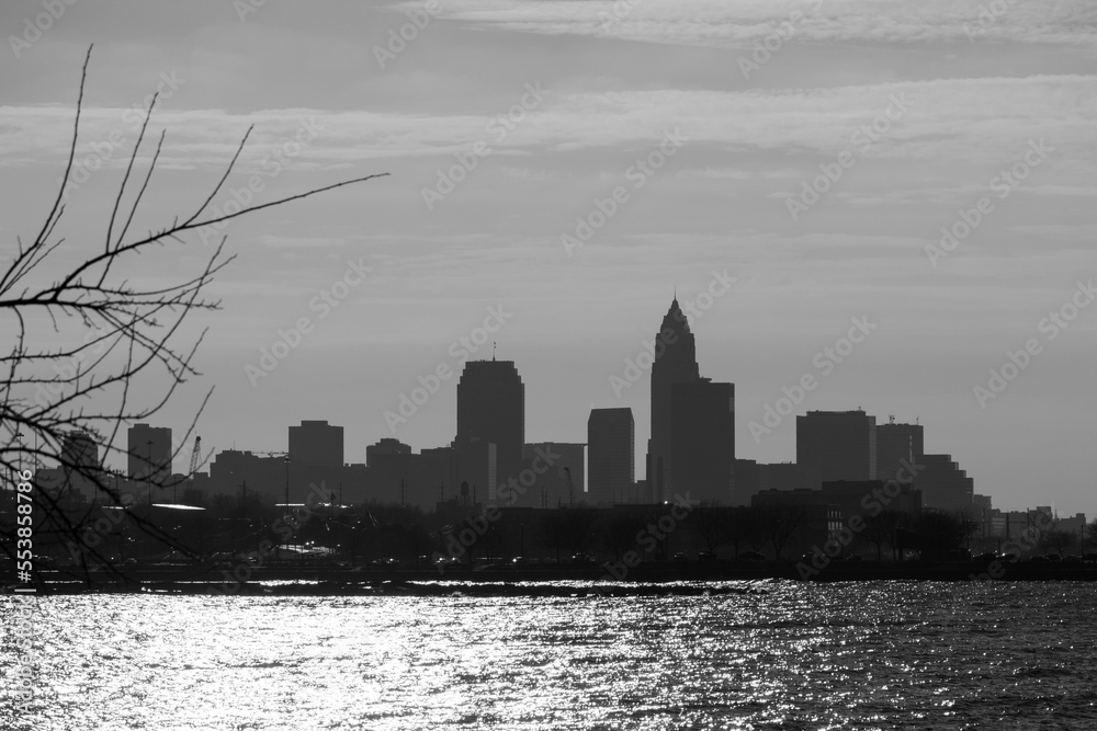 Black and white picture of Cleveland from afar.