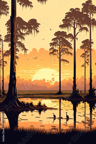 silhouette of a mangrove swamp landscape - generative AI