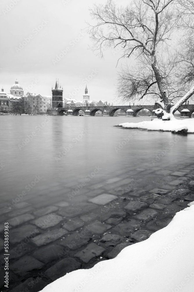 Fototapeta premium Charles Bridge in Prague in the morning in winter. Europe cities. Black and White. Prague. Snow. Long exposure.