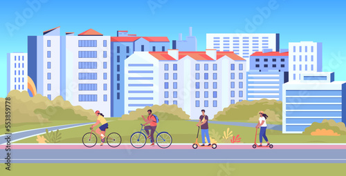 Cityscape and people riding scooters and bicycles