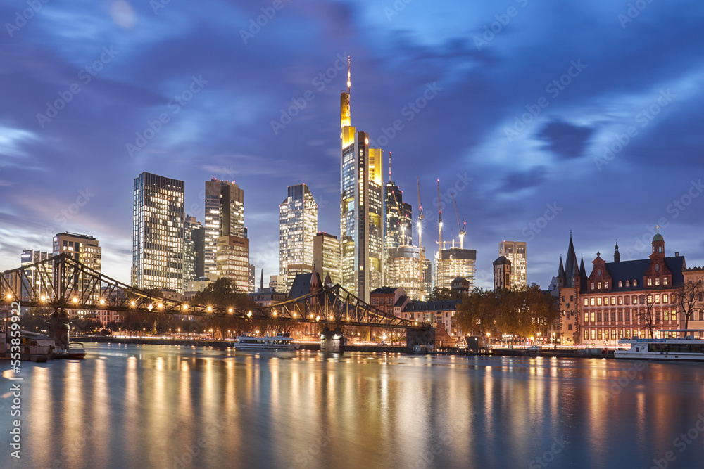 Night shot of the skyline of Frankfurt, Germany.