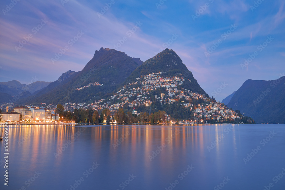 Night view on Lake Lugano in Switzerland.
