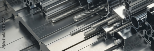 close-up rendering of shiny steel and aluminium profiles and metalware for construction and engineering in storehous