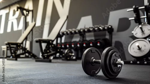 Obraz 3d illustration of free weights or dumbells and fitness equipment for training exercise and healthy living in gym or studio