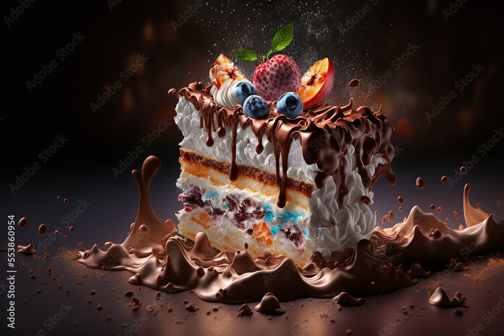 illustration of  mix berries cake with chocolate splash 