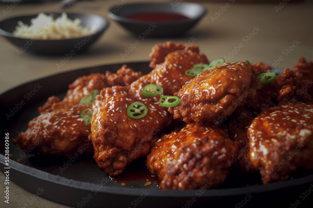 illustration of Korean deep fried chicken with sweet and spicy sauce illustration of Korean deep fried chicken with sweet and spicy sauce
