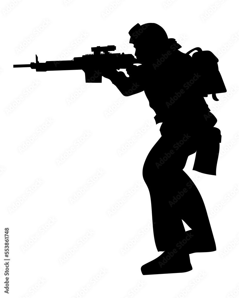 vector silhouette of a soldier in armor with a machine gun. EPS 8