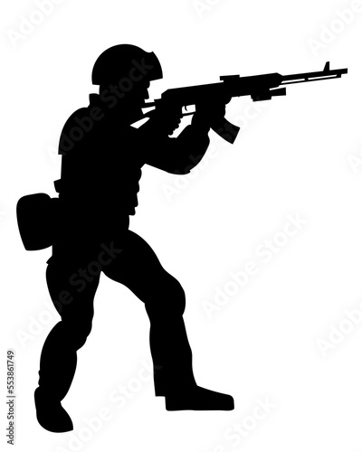 vector silhouette of a soldier in armor with a machine gun. EPS 8