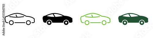 Vehicle Automobile Transportation Line and Silhouette Icon Set. Car in Side View Pictogram. Automotive Sedan Transport Symbol Collection on White Background. Auto Sign. Isolated Vector Illustration