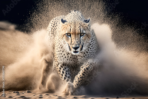 Leinwand Poster Cheetah  stalking fro prey on savanna, digital art