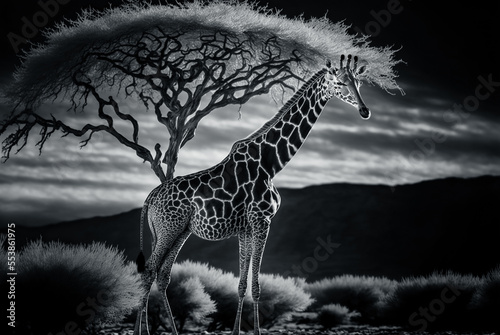 Close up shot of giraffe head. Giraffe on the background of the savannah. digital art 