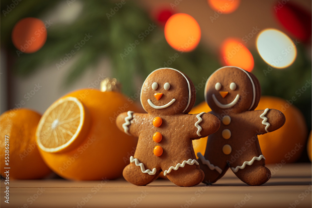 Fototapeta premium Adorable Christmas Gingerbread Men and Decorative Oranges created by Generative AI