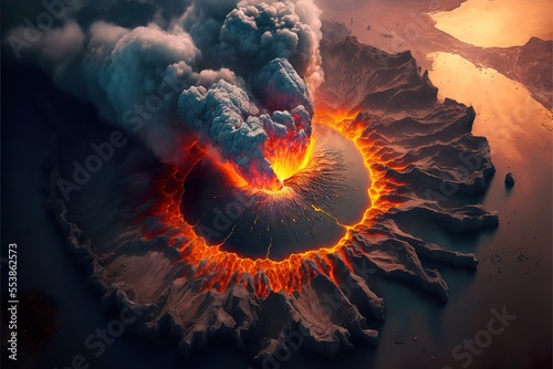 Aerial view of exploding colorful vulcano, lava, generative ai photo