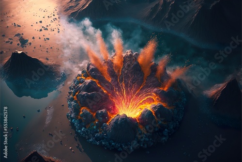 Aerial view of exploding colorful vulcano, lava, generative ai photo