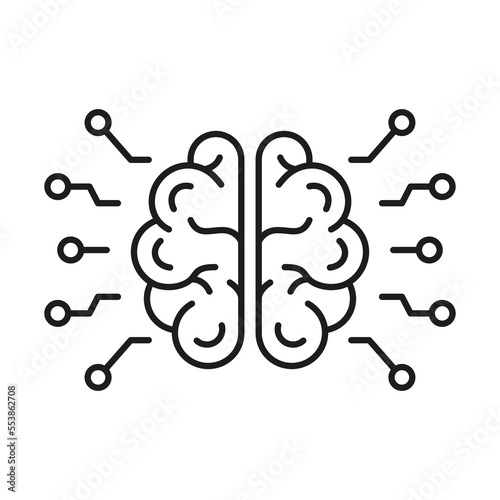 Artificial Intelligence Line Icon. Human Brain and Network Technology Linear Pictogram. AI, Innovation Neuroscience Concept Outline Icon. Editable Stroke. Isolated Vector Illustration