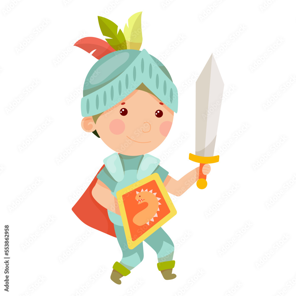 The little knight. Middle Ages. Metal armor. Knight tournaments. Children in fairy costumes, isolated vector illustration. The little knight. Middle Ages. Metal armor. Knight tournaments. Children in fairy costumes, isolated vector illustration.