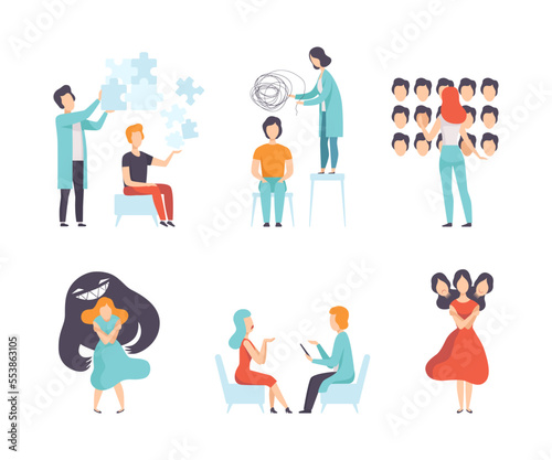 Man and Woman Having Mental Disorder and Psychic Illness Engaged in Psychotherapy and Treatment Vector Set