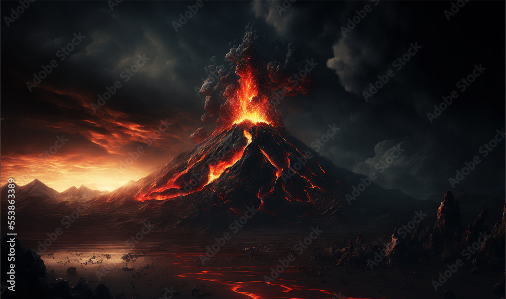 Generative AI illustration of Mount Doom volcano in Mordor - obrazy, fototapety, plakaty 