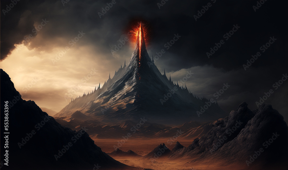 Generative AI illustration of Mount Doom volcano in Mordor Stock