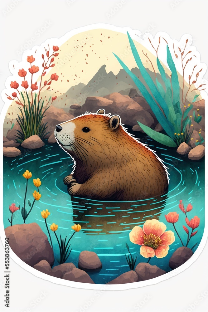 Adorable Capibara in a hot bathtub illustration made with Generative AI