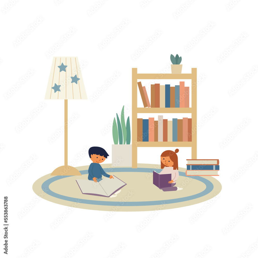 Children sitting on the floor and reading books in kids room. Boy and girl siblings look at pictures in books. Flat vector illustration