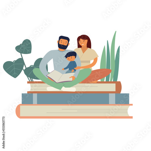Happy Mother, father and son sitting on giant stack of books together read book. Family spending time together. Flat vector illustration