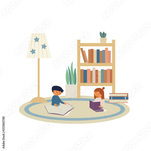 Children sitting on the floor and reading books in kids room. Boy and girl siblings look at pictures in books. Flat vector illustration