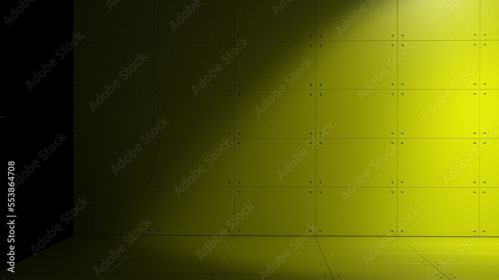 Yellow painted scratch wall and floor on spot lighting background. Concept 3D CG of struggles of solitude in the concrete jungle, challenging unresolved issues and triumph of the lone wolf in society.