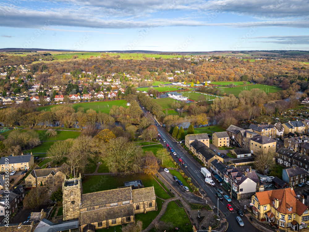 Ilkley, West Yorkshire. 7th December, 2022. Aerial view of Ilkley town centre viewed from above Brook Street.