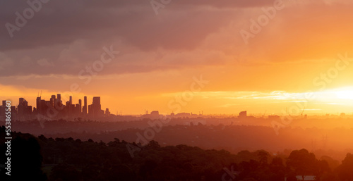 Melbourne city skyline at sunset