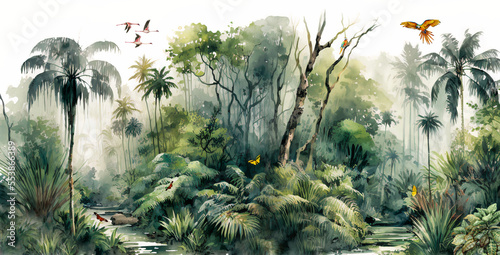 Wallpaper of a natural landscape of rainforests of trees and palms, in consisten Fototapet