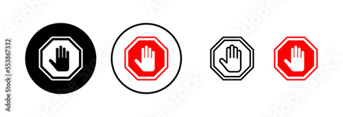 Stop icon vector illustration. stop road sign. hand stop sign and symbol. Do not enter stop red sign with hand